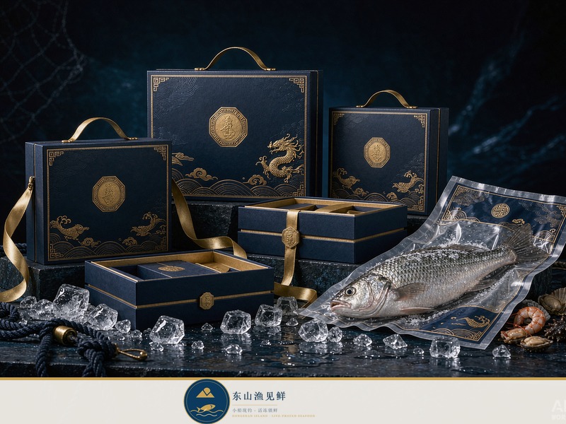 东山渔见鲜品牌视觉 · 深海蓝鎏金礼盒与活冻锁鲜包装